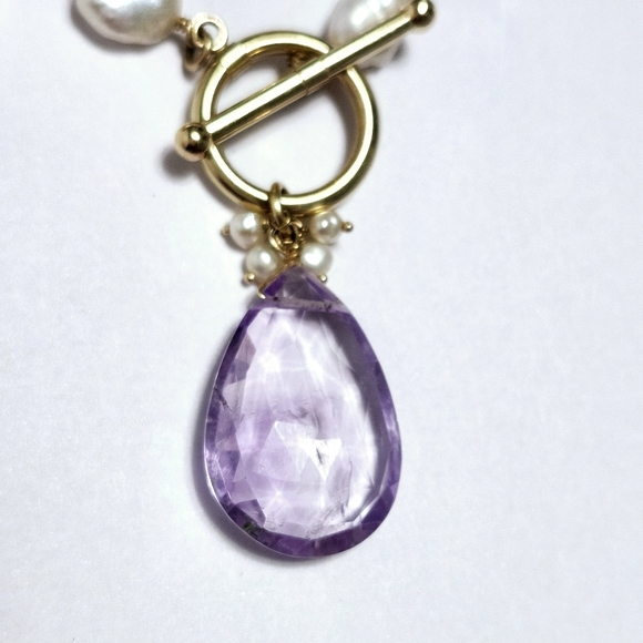 14K Gold Amethyst Pearl Drop Necklace - Picture 5 of 12